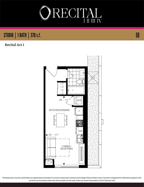 A floor plan for a studio apartment with a bathroom and kitchen/dining area.